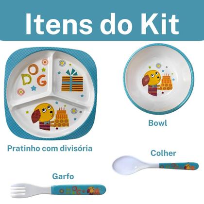 Imagem de Kit Untensílios de Bebe Prato C/ Divisória Tigela Talher Infantil Cachorro