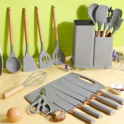 Imagem de Kit Utensilhos De Cozinha Com 19 Peças Em Silicone Premium Preto