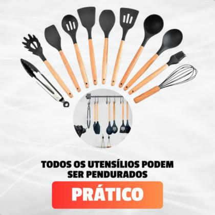 Imagem de Kit Utensilios 12 peças Jogo Cozinha Silicone Cabo Madeira Presente Conjunto Talheres Antiaderantes