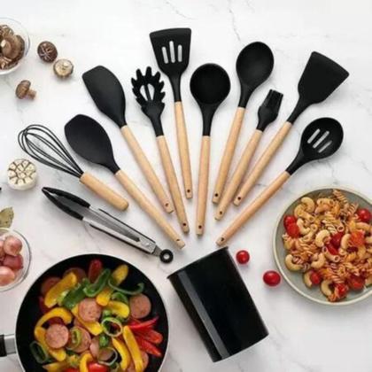Imagem de Kit Utensilios 12 peças Jogo Cozinha Silicone Cabo Madeira Presente Conjunto Talheres Antiaderantes