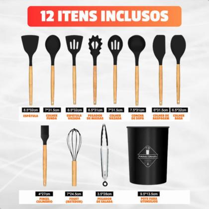 Imagem de Kit Utensilios 12 peças Jogo Cozinha Silicone Cabo Madeira Presente Conjunto Talheres Antiaderantes