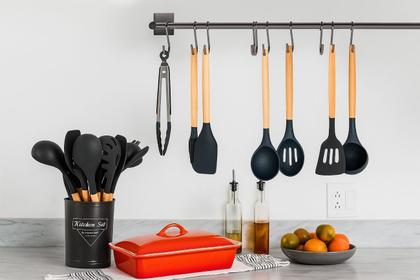 Imagem de Kit Utensilios 12 peças Jogo Cozinha Silicone Cabo Madeira Presente Conjunto Talheres Antiaderantes