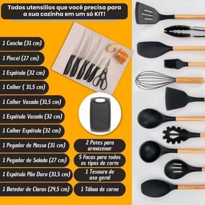 Imagem de Kit Utensílios Cozinha Completo 19 Peças Silicone Com Tábua