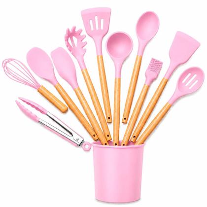 Imagem de Kit Utensílios Cozinha Silicone 12 Peças Antiaderente com Suporte e Cabo de Madeira