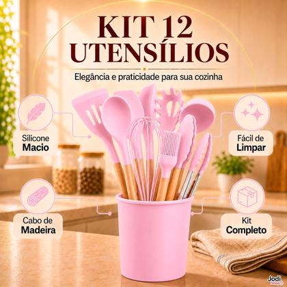 Imagem de Kit Utensílios Cozinha Silicone 12 Peças Antiaderente com Suporte e Cabo de Madeira