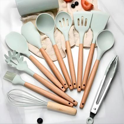 Imagem de Kit Utensílios Cozinha Silicone c/ Suporte 12 Peças Colher Pegador Pincel Batedor Fue Fouet Espátula