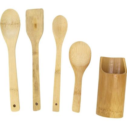 Imagem de Kit Utensílios de Bambu 5 Peças Colher Espátula Pão Duro