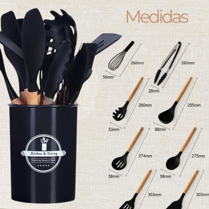 Imagem de Kit Utensilios De Cozinha 12 Pcs Cabo Madeira E Silicone