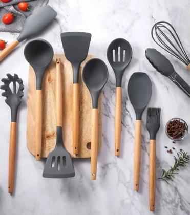 Imagem de Kit Utensilios De Cozinha 12 Pcs Cabo Madeira E Silicone