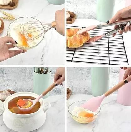 Imagem de Kit Utensílios De Cozinha 12 Peças Silicone Cesto Bambu