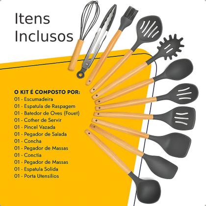 Imagem de Kit Utensilios de Cozinha 12 peças Silicone e Cabo Madeira Antiarente Resistente a Altas Temperaturas Não Risca panela Presente Casamento Chá Cozinha