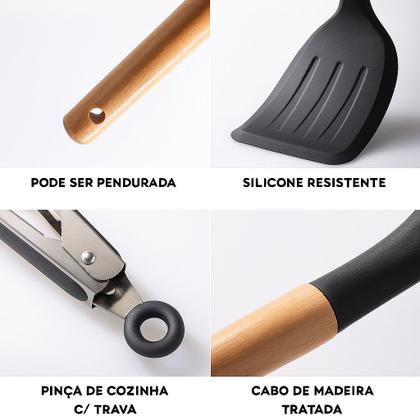 Imagem de Kit Utensilios de Cozinha 12 peças Silicone e Cabo Madeira Antiarente Resistente a Altas Temperaturas Não Risca panela Presente Casamento Chá Cozinha
