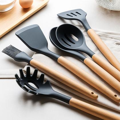 Imagem de Kit Utensilios de Cozinha 12 peças Silicone e Cabo Madeira Antiarente Resistente a Altas Temperaturas Não Risca panela Presente Casamento Chá Cozinha
