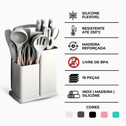 Imagem de Kit Utensílios de Cozinha 19 Peças  Silicone Premium, Resistentes a Altas Temperaturas, Inox e Madeira - Cinza