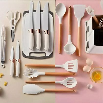 Imagem de Kit Utensílios De Cozinha 19 Peças Silicone Premium Resistentes A Altas Temperaturas Inox E Madeira - Cinza