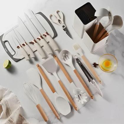 Imagem de Kit Utensílios De Cozinha 19 Peças Silicone Premium Resistentes A Altas Temperaturas Inox E Madeira - Cinza