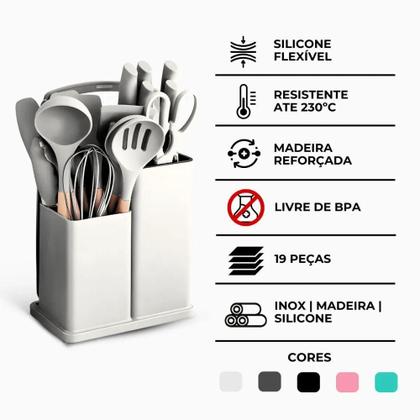 Imagem de Kit Utensílios De Cozinha 19 Peças Silicone Premium Resistentes A Altas Temperaturas Inox E Madeira - Cinza