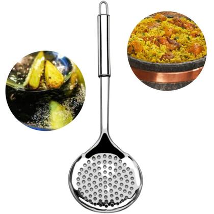 Imagem de Kit Utensílios de Cozinha 5 Peças 100% Inox Jogo Talheres 1 Colher Arroz 1 Escumadeira 1 Concha 1 Pegador Massa e 1 Amassador Batata