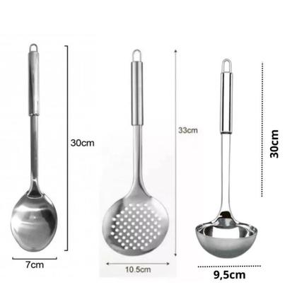 Imagem de Kit Utensílios de Cozinha 5 Peças 100% Inox Jogo Talheres 1 Colher Arroz 1 Escumadeira 1 Concha 1 Pegador Massa e 1 Amassador Batata
