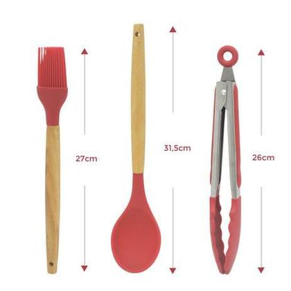Imagem de Kit Utensílios de Cozinha 9 Peças Silicone Cabo Madeira com Suporte