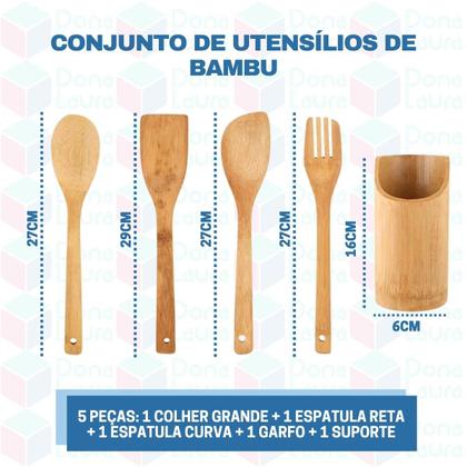 Imagem de Kit Utensílios de Cozinha Em Bambu 5 Peças Com Suporte Decoração