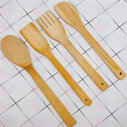 Imagem de Kit Utensílios de Cozinha Em Bambu 5 Peças Com Suporte Decoração