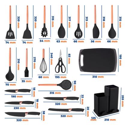 Imagem de Kit Utensílios de Cozinha em Silicone Cabo Madeira Jogo Completo 19 Peças com Tábua de Corte Faca Tesoura