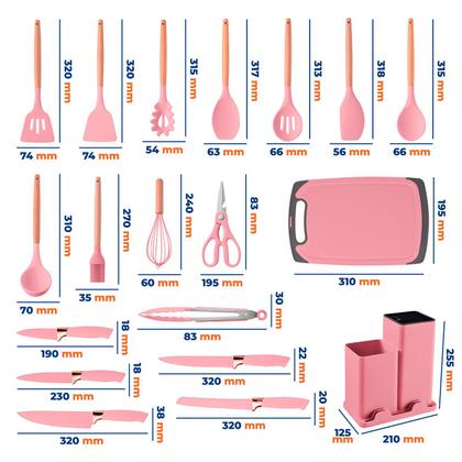 Imagem de Kit Utensílios de Cozinha em Silicone Cabo Madeira Jogo Completo 19 Peças com Tábua de Corte Faca Tesoura