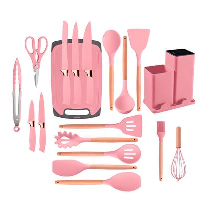 Imagem de Kit Utensílios de Cozinha em Silicone Cabo Madeira Jogo Completo 19 Peças com Tábua de Corte Faca Tesoura