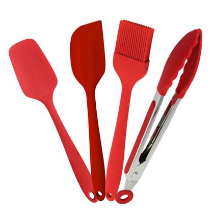 Imagem de Kit Utensílios de Cozinha Em Silicone Vermelho 4 Peças Jogo Culinário Alta Qualidade Com Pegador