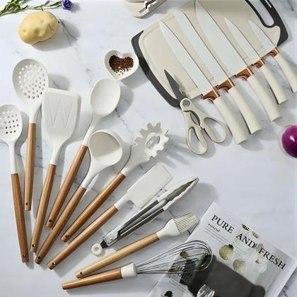 Imagem de Kit Utensílios de Cozinha Luxo Jogo Completo 19 Peças Com Tábua em Silicone Espátula Faca Tesoura Branco