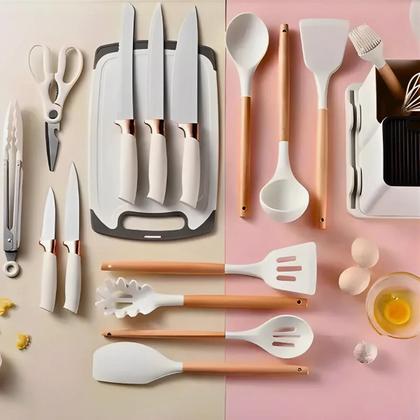 Imagem de Kit Utensílios de Cozinha Luxo Jogo Completo 19 Peças Com Tábua em Silicone Espátula Faca Tesoura Branco