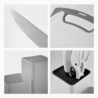 Imagem de Kit Utensílios de Cozinha Luxo Jogo Completo 19 Peças Com Tábua em Silicone Espátula Faca Tesoura Branco