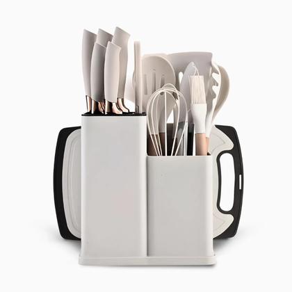 Imagem de Kit Utensílios de Cozinha Luxo Jogo Completo 19 Peças Com Tábua em Silicone Espátula Faca Tesoura Branco