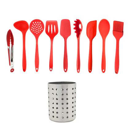 Imagem de Kit Utensílios de Silicone Inteiriço Vermelho 9 Peças + Suporte Em Aço Inox para Cozinha Premium