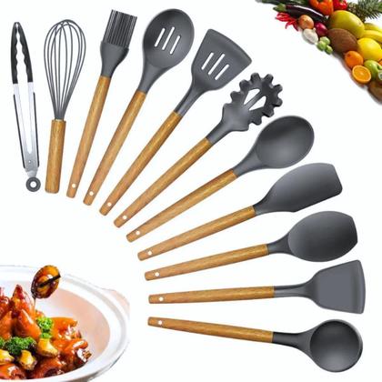 Imagem de Kit Utensílios Para Cozinha em Silicone e Bambu 12 Pçs Lindo