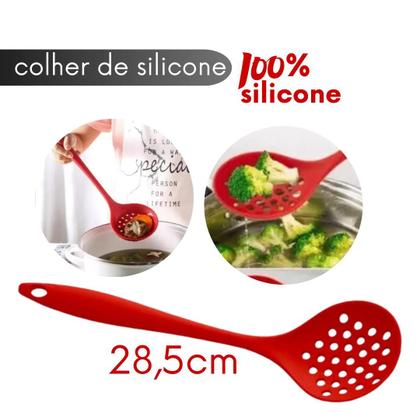 Imagem de Kit Utensílios Silicone Concha Escumadeira Colher 28cm Resistente Alta Qualidade Cozinha Antiaderente