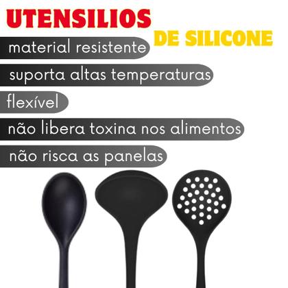 Imagem de Kit Utensílios Silicone Concha Escumadeira Colher 28cm Resistente Alta Qualidade Cozinha Antiaderente