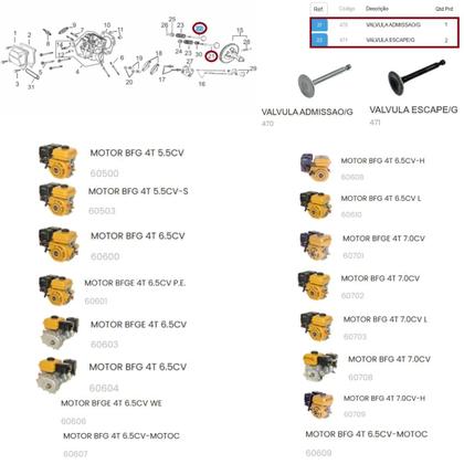 Imagem de Kit Válvula Admissão + Escape Motor BFG 5.5hp Cód: 470 e 471