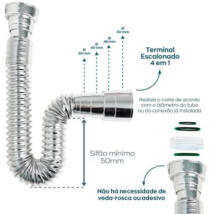 Imagem de Kit Valvula Click ABS e Sifao Cromado Sanfonado Universal Extensivel Tampa Inox Pequena Kit Banheiro Ralo De Pia 7/8 Lavatorio Tubo Flexivel Ajustável