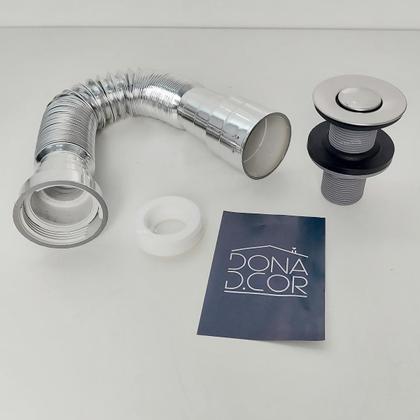 Imagem de Kit Valvula Click ABS e Sifao Cromado Sanfonado Universal Extensivel Tampa Inox Pequena Kit Banheiro Ralo De Pia 7/8 Lavatorio Tubo Flexivel Ajustável