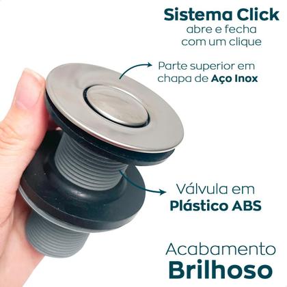 Imagem de Kit Valvula Click ABS e Sifao Cromado Sanfonado Universal Extensivel Tampa Inox Pequena Kit Banheiro Ralo De Pia 7/8 Lavatorio Tubo Flexivel Ajustável