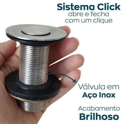 Imagem de Kit Valvula Click e Sifao Sanfonado Universal Extensivel e Banheiro Ralo De Pia Inox 7/8 Tampa Pequena Tubo Flexivel Ajustável Escoamento Lavatorio