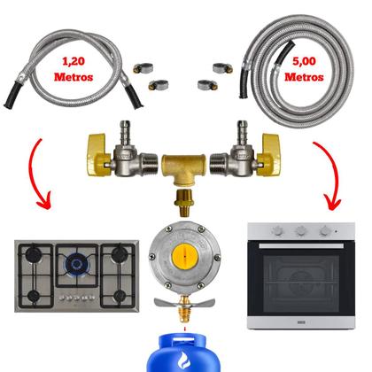 Imagem de Kit Válvula Duas Saídas Gás Instalação Fogão Forno 1,2m e 5m