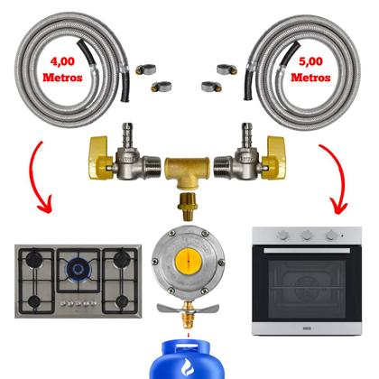 Imagem de Kit Válvula Duas Saídas Gás Instalação Fogão Forno 4m e 5m