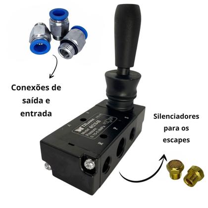 Imagem de kit Válvula Joystick Pneumatica 5/2 Vias Alavanca Trava 1/4 - C/ 02 Silenciador C/ 3 Reta macho 1/4x08mm