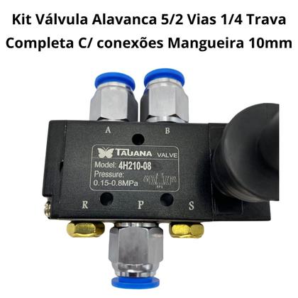 Imagem de kit Válvula Joystick Pneumatica 5/2 Vias Alavanca Trava 1/4 - C/ 02 Silenciador C/ 3 Reta macho 1/4x08mm