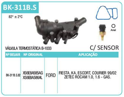 Imagem de Kit Válvula Termostática BK311BS-82 Ford Fiesta Courier Ka Focus 1.0 1.6 Zetec Rocam 99/02 Carcaça Com Sensor - XS6E8A585AG - XS6E8A586AL -