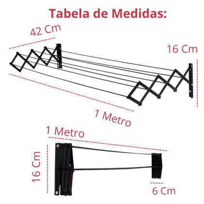 Imagem de Kit Varal de Parede Sanfonado 1 Metro + Mini Varal Redondo com 24 Grampos Apartamento  Mor 