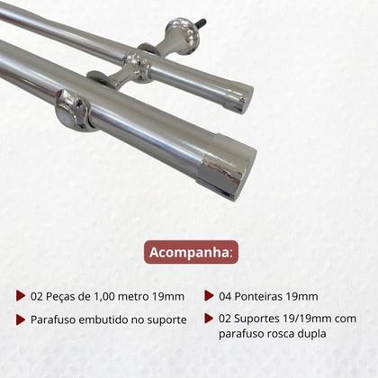 Imagem de Kit varão de cortina metalizado duplo 1 metro 19mm ecowood 2 suportes